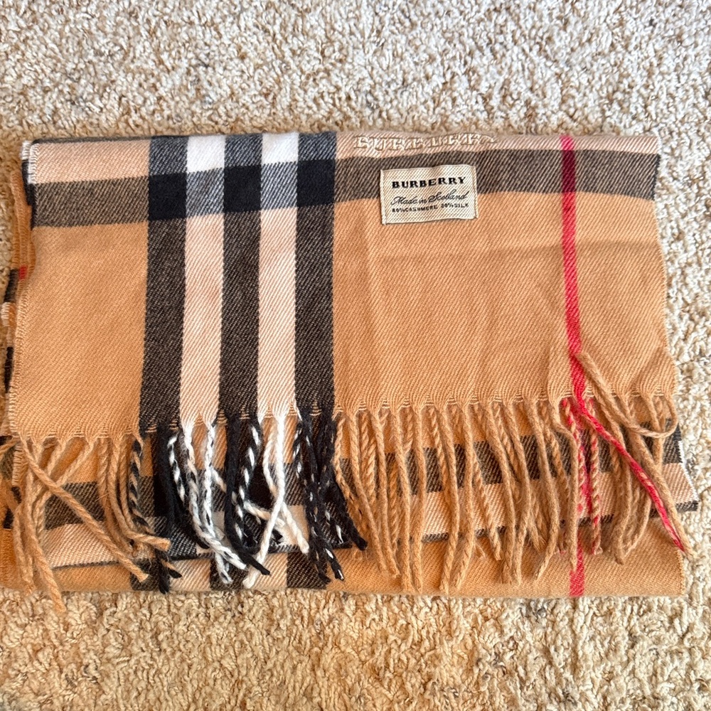 Tan and Black Checkered Scarf with Red Lines